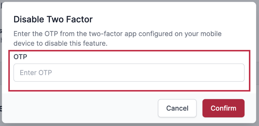 Confirm disabling 2FA with OTP