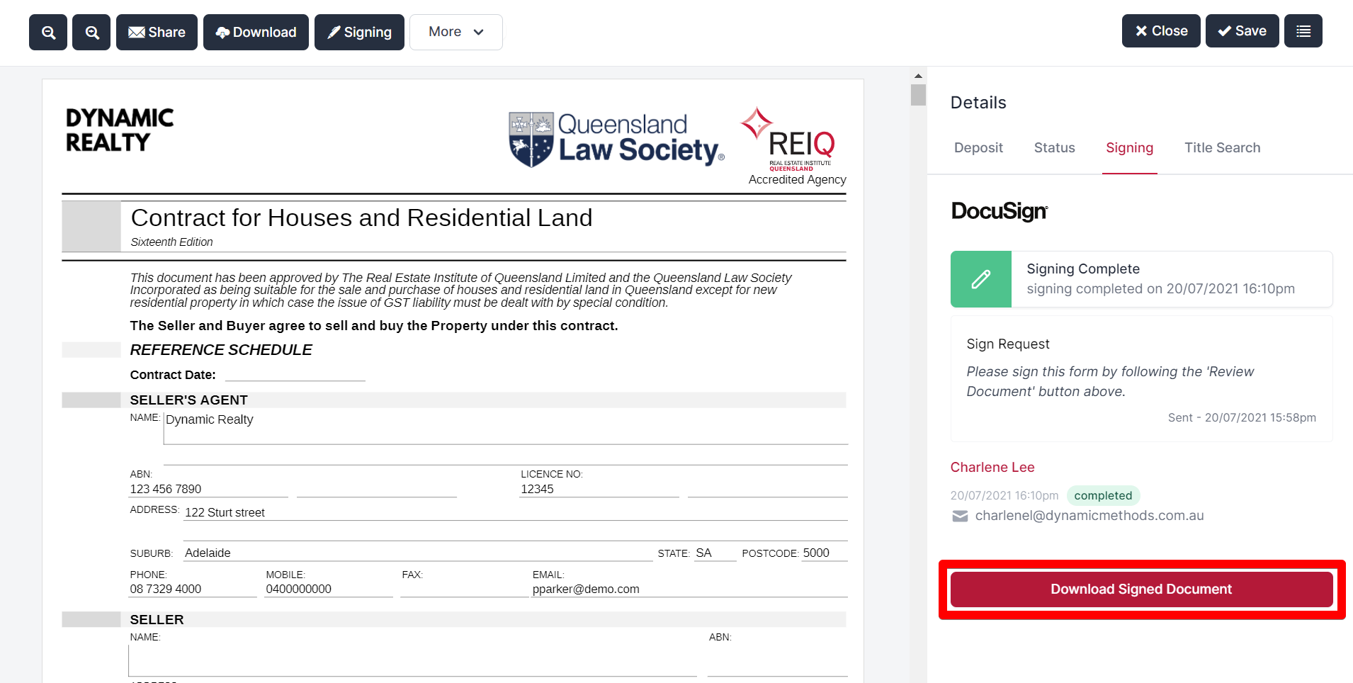 Downloading DocuSigned Document, including Certificate of Completion